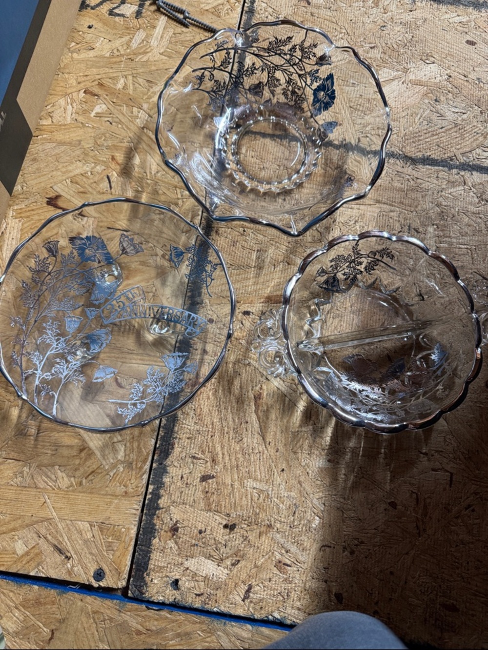 Clear Glass Floral Etched Serving Bowls - Set of 3